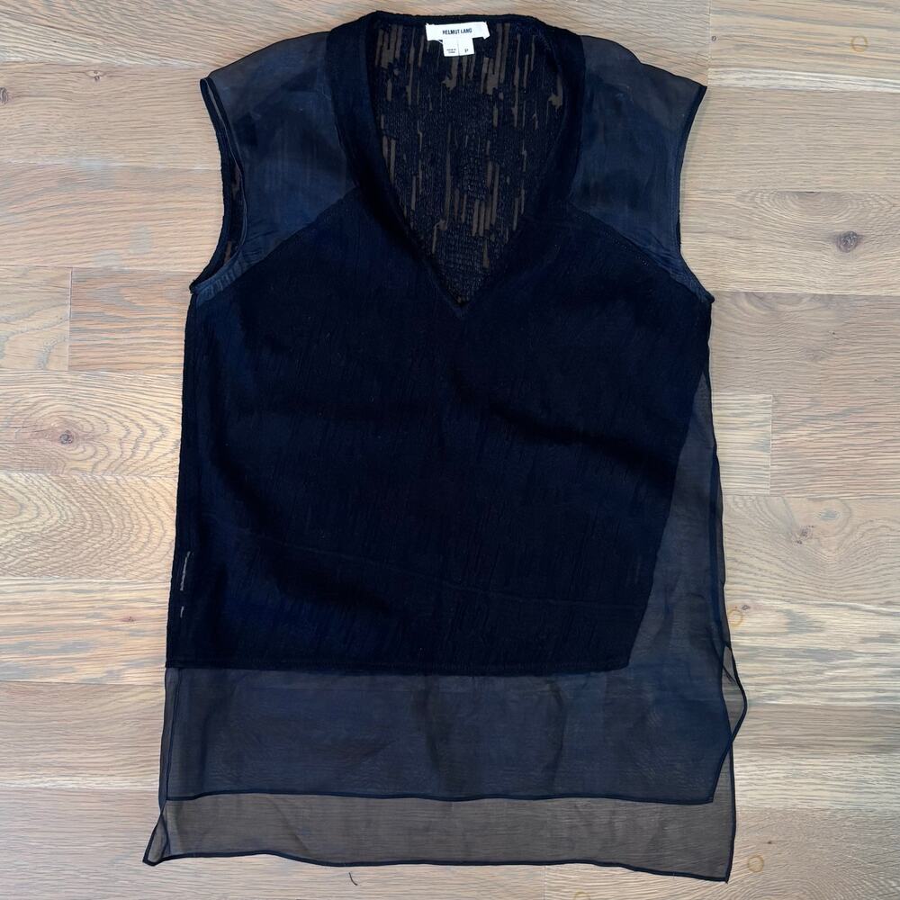 Helmut Lang Y2K 100% Silk Sleeveless Blouse V Neck Sheer Black Women Size Small